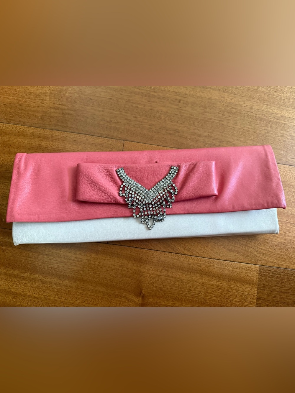 NWOT Pink and White Women’s Clutch Bag with Rhinestone Accent
